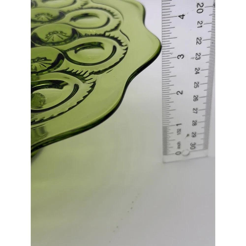 MCM LE Smith Moon & Star Cake Stand Heritage Green Art Glass Pastry Plate 11”